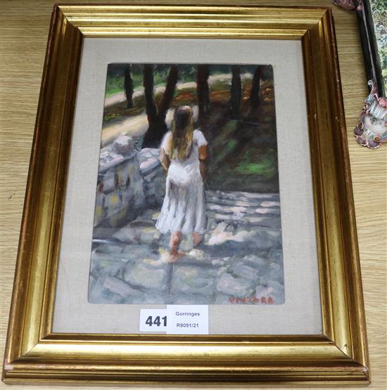 Luigi Ventura, oil on canvas, girl on a lane, signed, 21 x 19cm